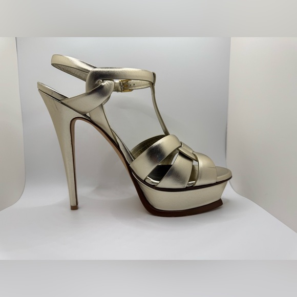 Saint Laurent Tribute Sandals in Metallic Leather Platino Size 39 Worn Once! - Picture 3 of 9